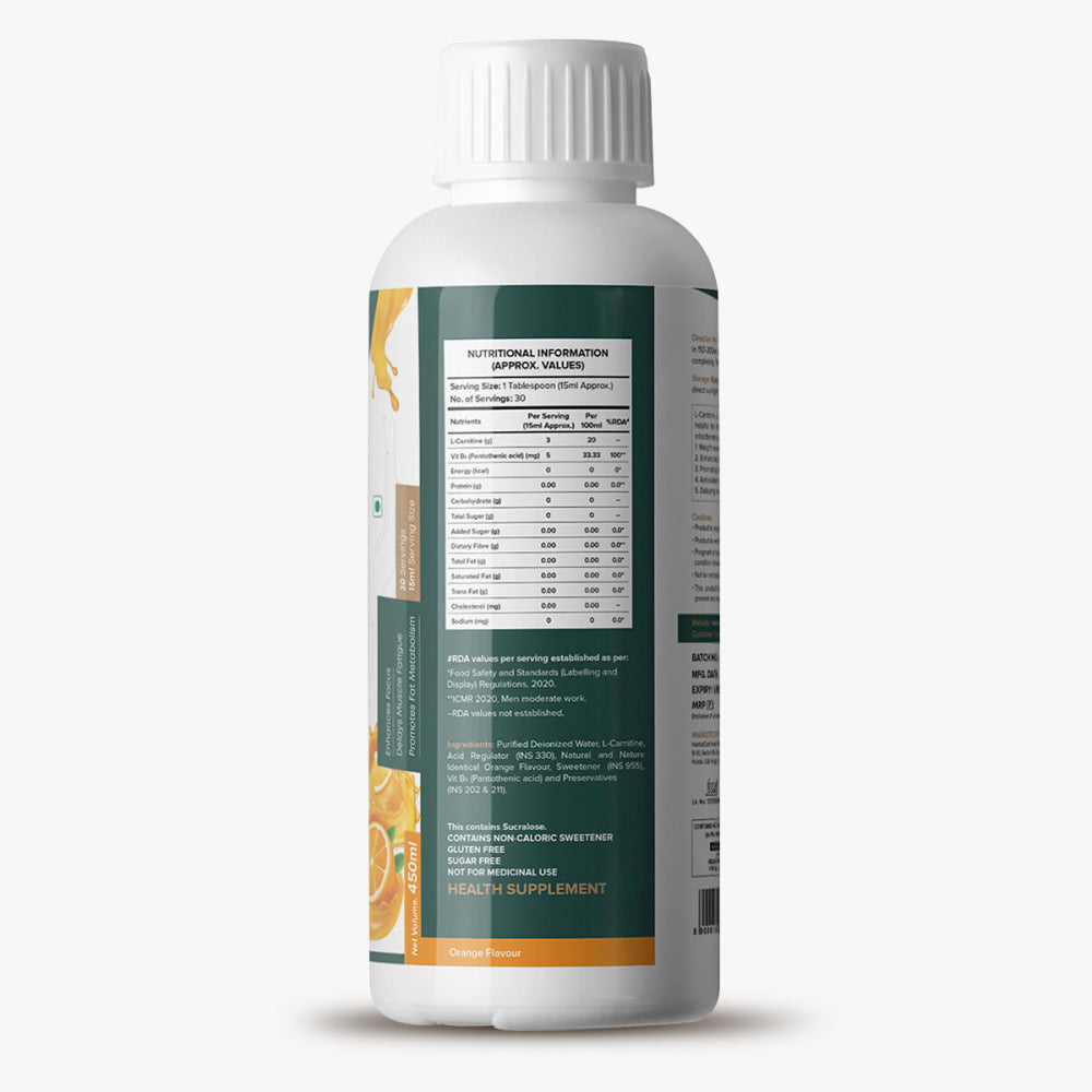 L-Carnitine Supplement, Orange & Raspberry Flavor (Liquid, 450g) - Herbalcart
